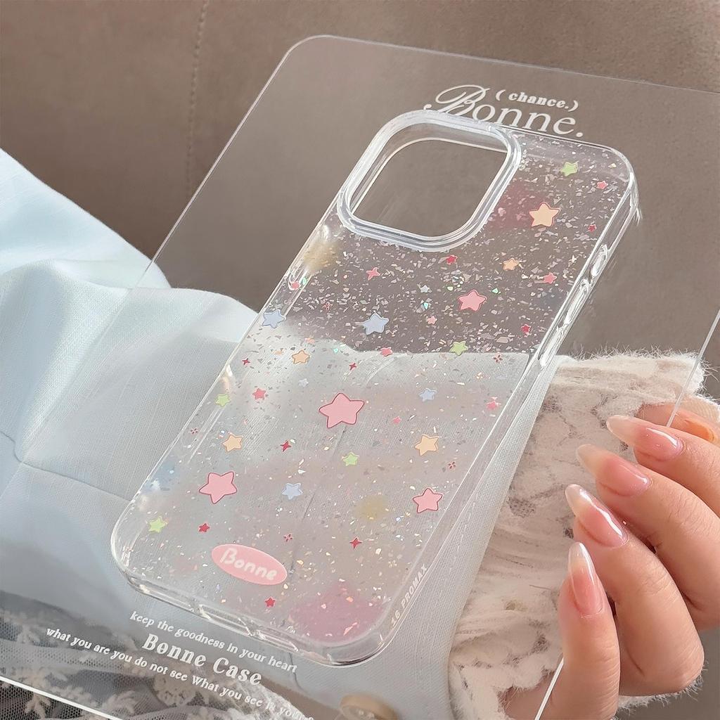 Lovely Colorful Stars Dazzling Fine Glitter Transparent Protective Phone Case for iPhone 11 12 13 14 15 16 17 Pro Max Plus Air
