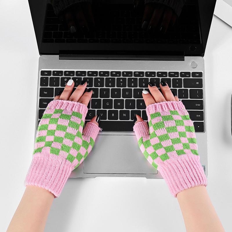 Warm Gloves Knitted Half-finger Plaid Cold-proof Gloves for Women Winter