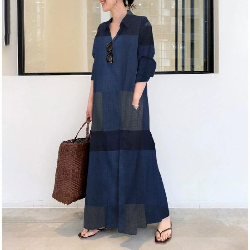 

Скрытый принт лацкан длинный рукав вставной карман простое свободное повседневное длинное платье-рубашка S темно-синий