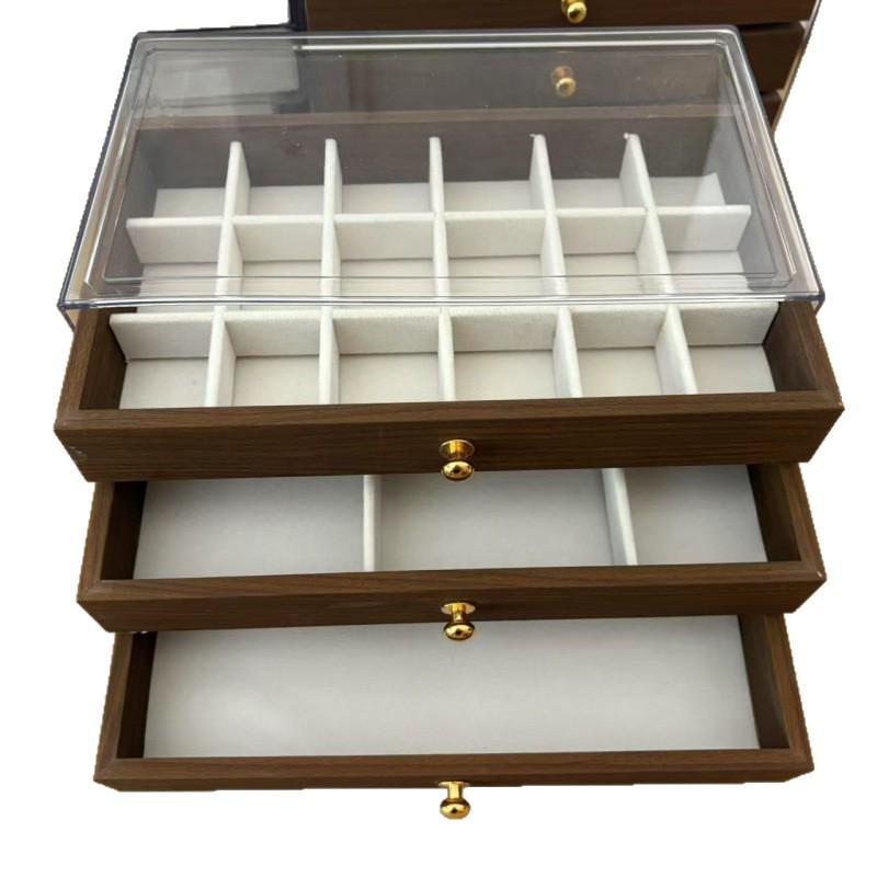Velvet Walnut Three-Layer Jewelry Box for Earrings, Necklaces, and Bracelets - Large Capacity Display