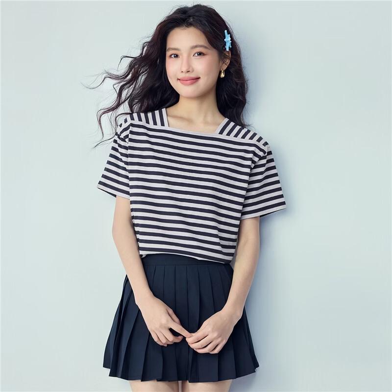 Giordano Women's Nautical Striped Square Collar Cotton T-shirt