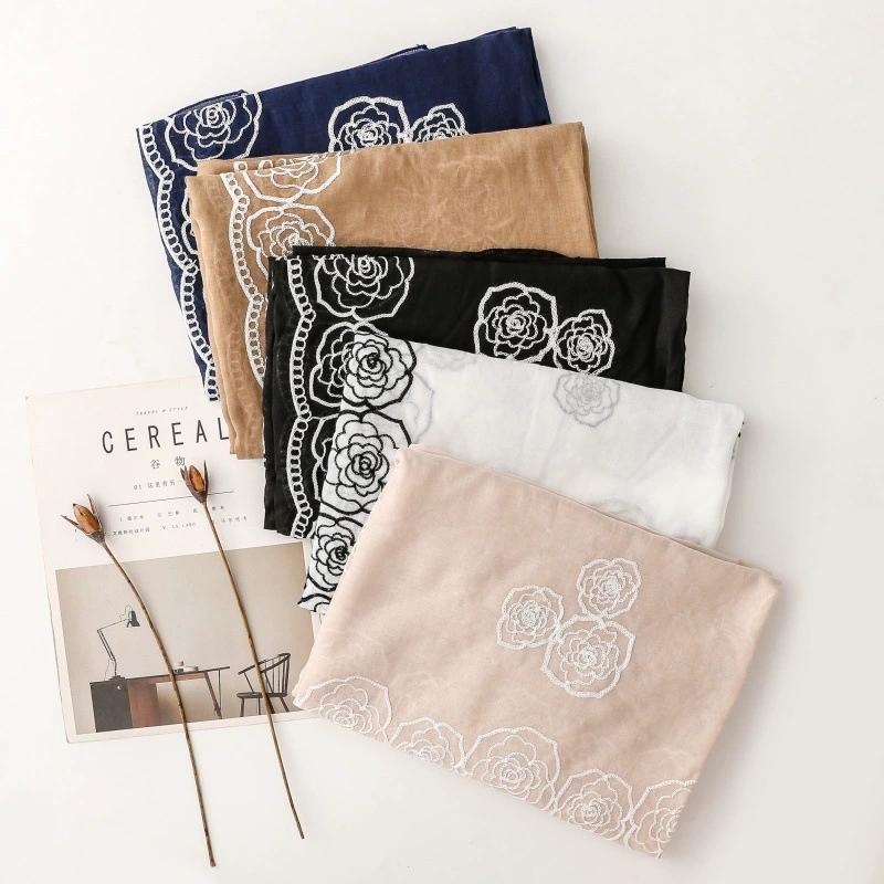 Solid Color Floral Ethnic Style Embroidered Scarf Rose Flower Hijab Scarf Warm Roll Edge Travel Stoles And Shawls For Women