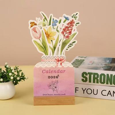 Wooden Base Bloomy Flowers Desk Calendar Vase Shaped Detachable Base Monthly Planner Date Display Floral Theme Standing Decor