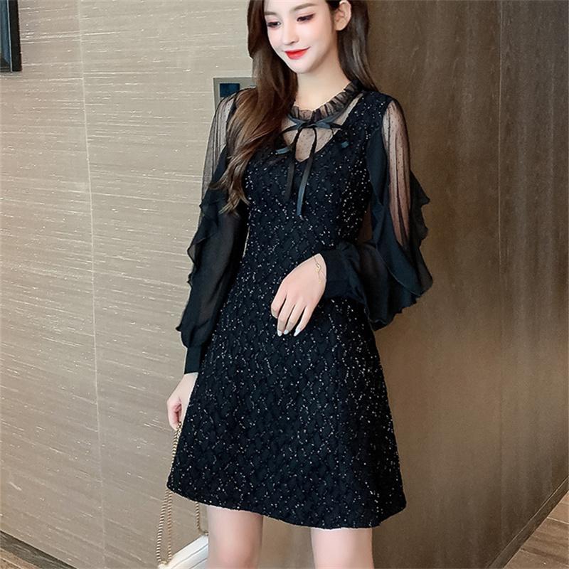 Long Sleeve Dresses Women Black Lace Patchwork Casual Office Ladies Elegant Slim Party Spring Vestidoes Chic Mid-Calf Vintage