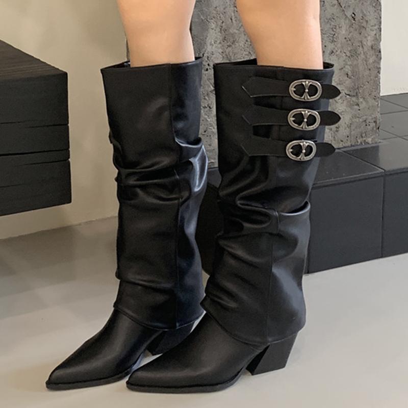 

Eilyken Autumn Winter Punk Splicing Buckle Strap Women Knee High Boots Square Heels Punk Long Booties De Mujer 35