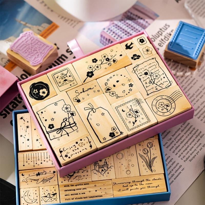 Wooden Rubber Stamps Set,Dream and Cherries Blossom Stamps Set Stamper Seal Set for Journal,DIY Craft,Scrapbook,Planner