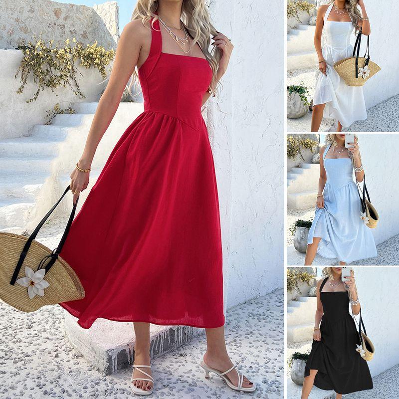 2025 Spring/Summer European and American Amazon Casual Resort Style Solid Color High-Waisted Sleeveless Halter Dress for Women