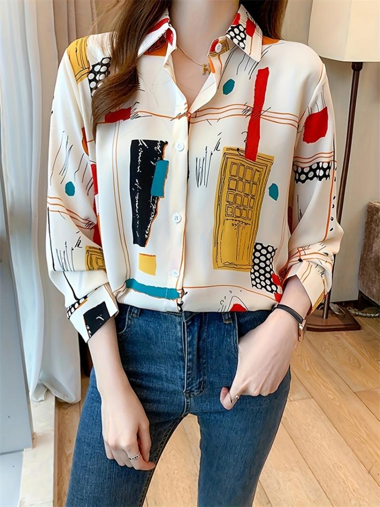 Women's Elegant Long-Sleeve Shirt for Spring and Fall Asymmetrical Geometric Print Collared Button-Down Shirt Women's Top