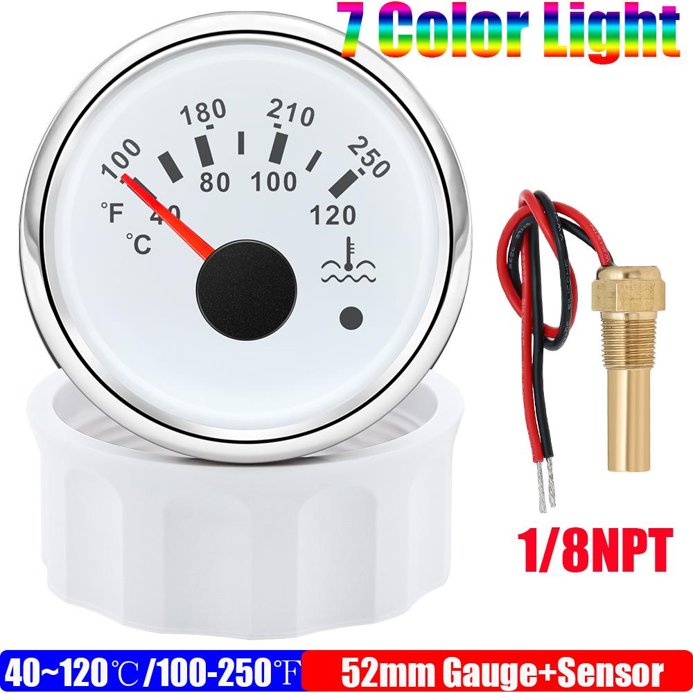 40~120℃,100~250℉ 52mm Water Temp Gauge+Sensor 1/8NPT 7 Color LED Water Temperature Meter Alarm Auto Car Marine Boat Motor 12V24V