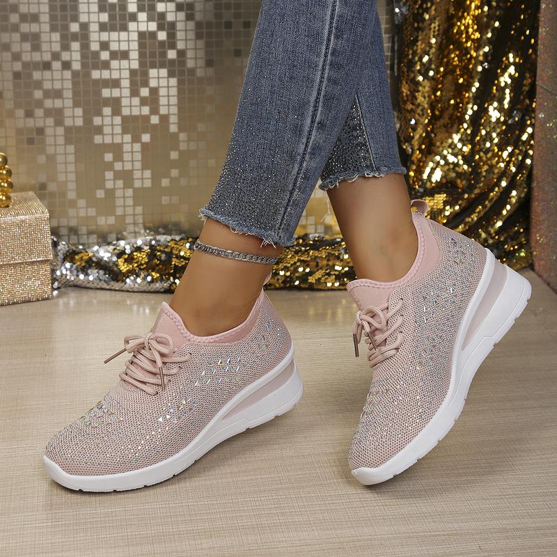 Women Iridescent Rhinestone Platform Sneakers Elastic Breathable Mesh Wedge Non Slip Rubber Sole Sale Shoes With Free Shipping