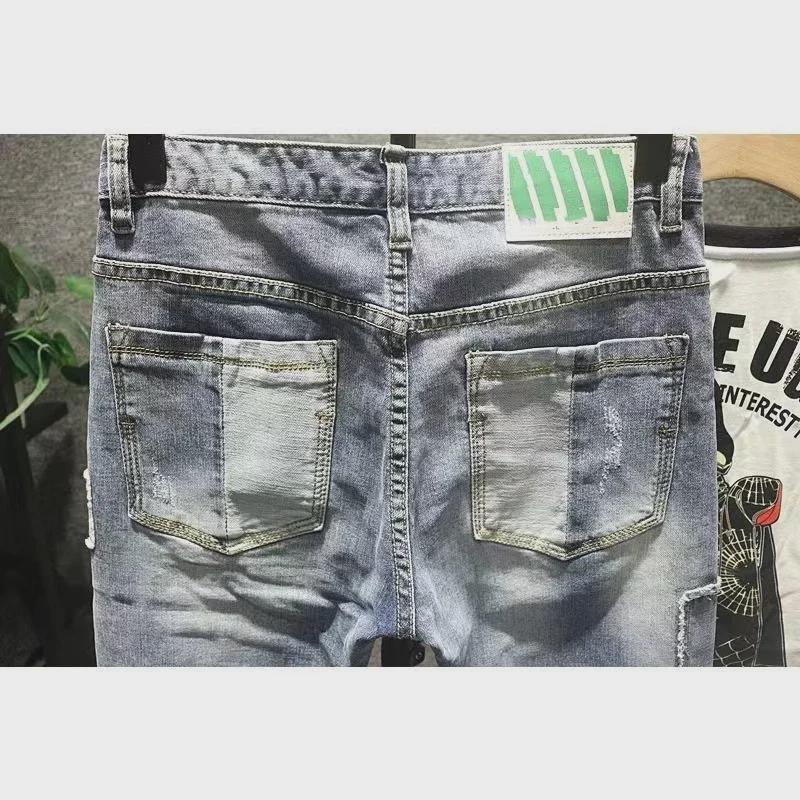 Men's Korean Style Patchwork Skinny Jeans - Spring & Autumn Trendy Nine-Point Casual Pants