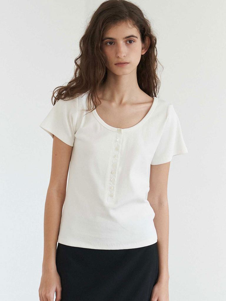THERYE U-Neck Button T-Shirt(White)
