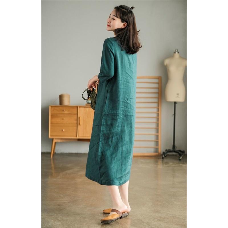 Langes Kleid Damen Baumwolle Große Größe Locker Sommer Retro Nähte Einfarbig V-Ausschnitt Kleid Knielang Dünn Großes Schwingendes Kleid