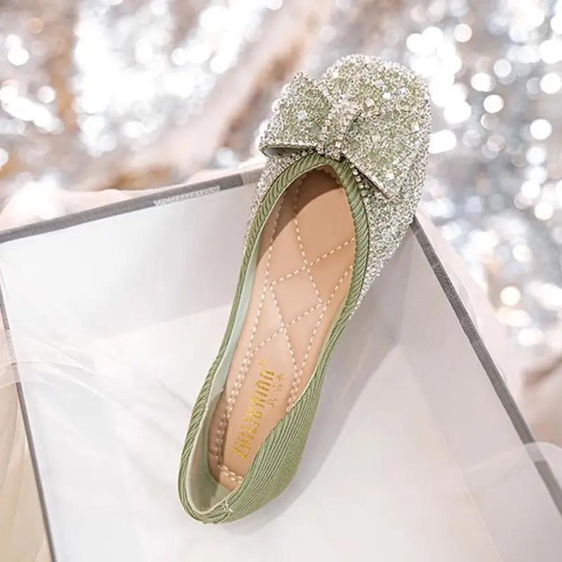 Fashion With Crystals Diamond Bow Rhinestone Low Heel Elegant Square Toe Woman Flats Y2k Young Discount Popular Spring Shoes for Women