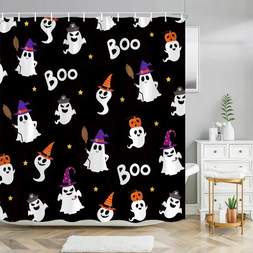 Halloween Pumpkin Bathroom Curtains Cartoon Cute Funny Magic Hat Ghost Broom Bathroom Curtains Party Decor Shower Curtain Fab