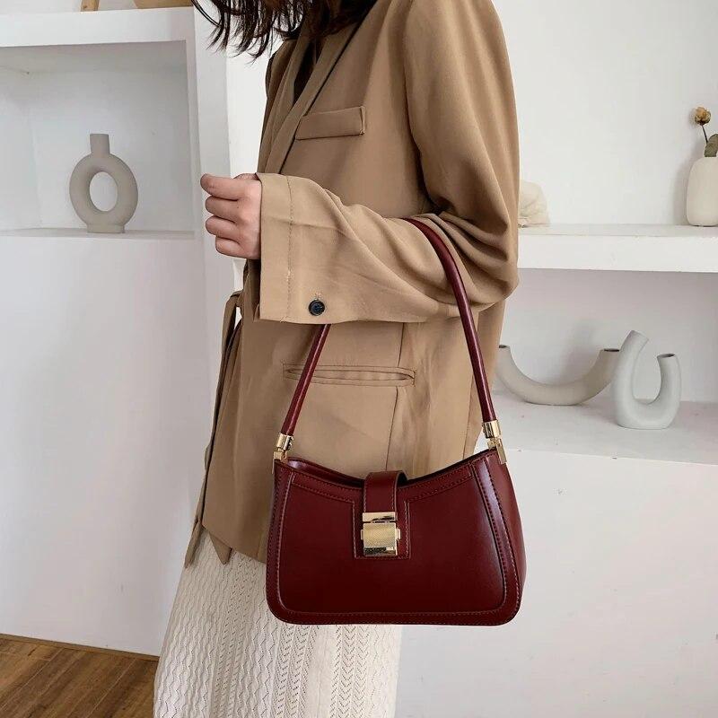 Shoulder Bags For Women Solid Color PU Leather 2024 Trend Lock Handbags Small Purse Hand Lady Designer Zipper Clutch
