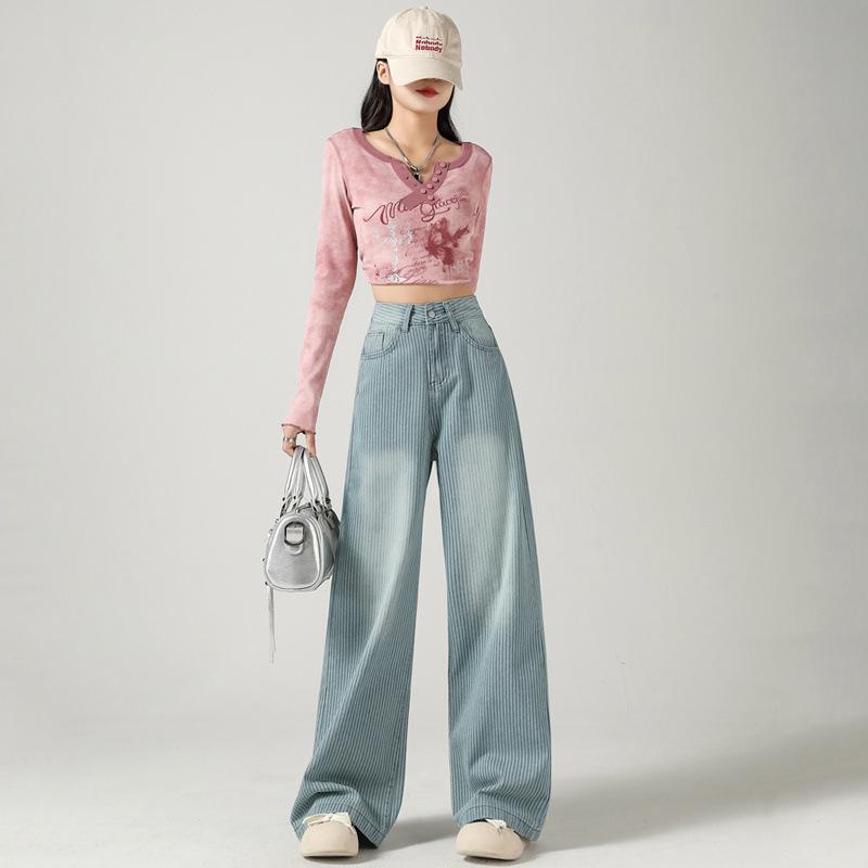 Women's Striped Wide-Leg High-Waisted Jeans - Slimming Loose Fit Black-Gray Floor-Length Pants for Spring and Autumn