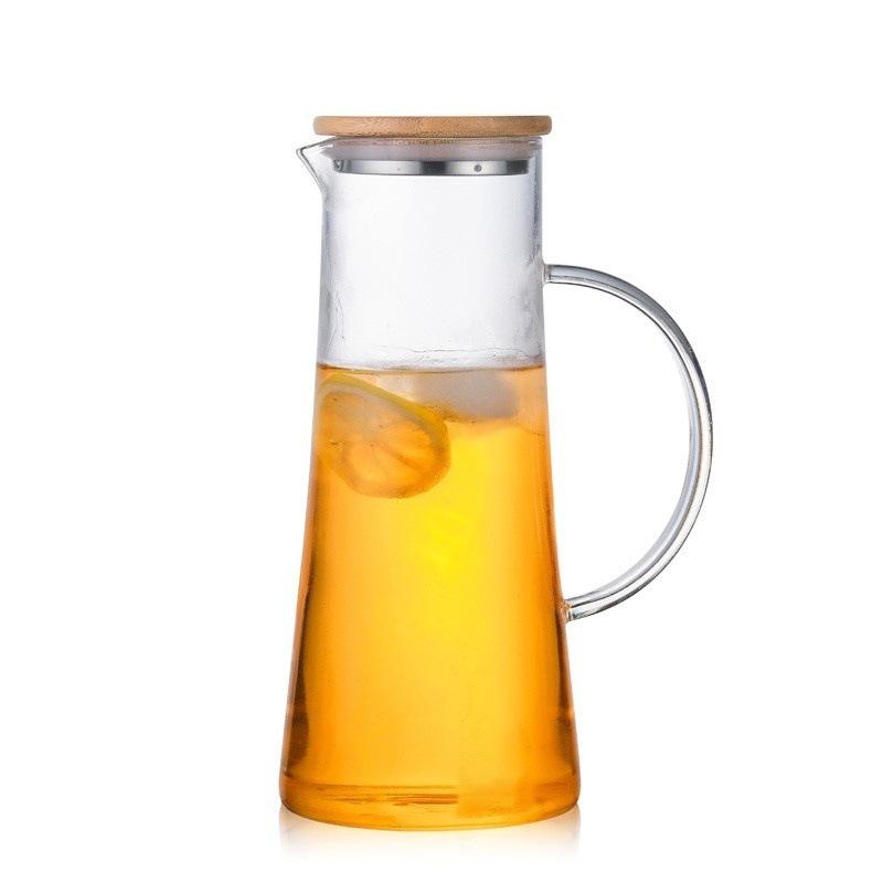 Bouilloire à eau froide simple transparente Capacité importante Ménage Sac en bambou Couvercle en acier inoxydable Bouilloire en verre Verre borosilicate Bouilloire à eau froide