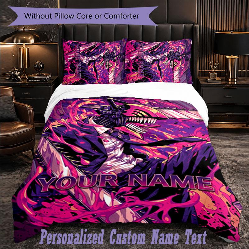 Personalized 3Pcs Bedding SetChainsaw Man Custom Text Duvet Cover Pillowcase Set Bedroom Gift