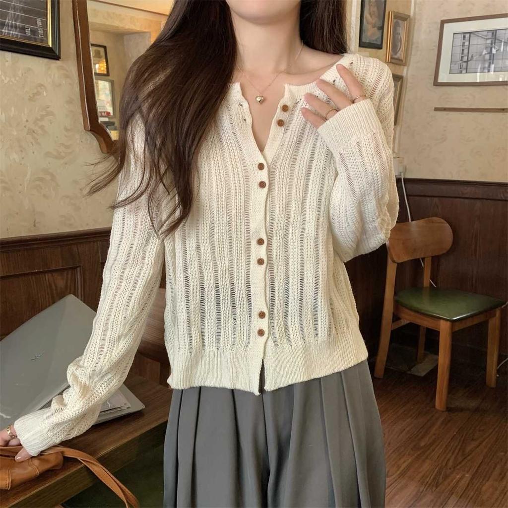 Hollowed-out Knitted Sweater for Women Long-sleeved Korean-style Knitted Cardigan Loose Knitted Sweater Top Sweater
