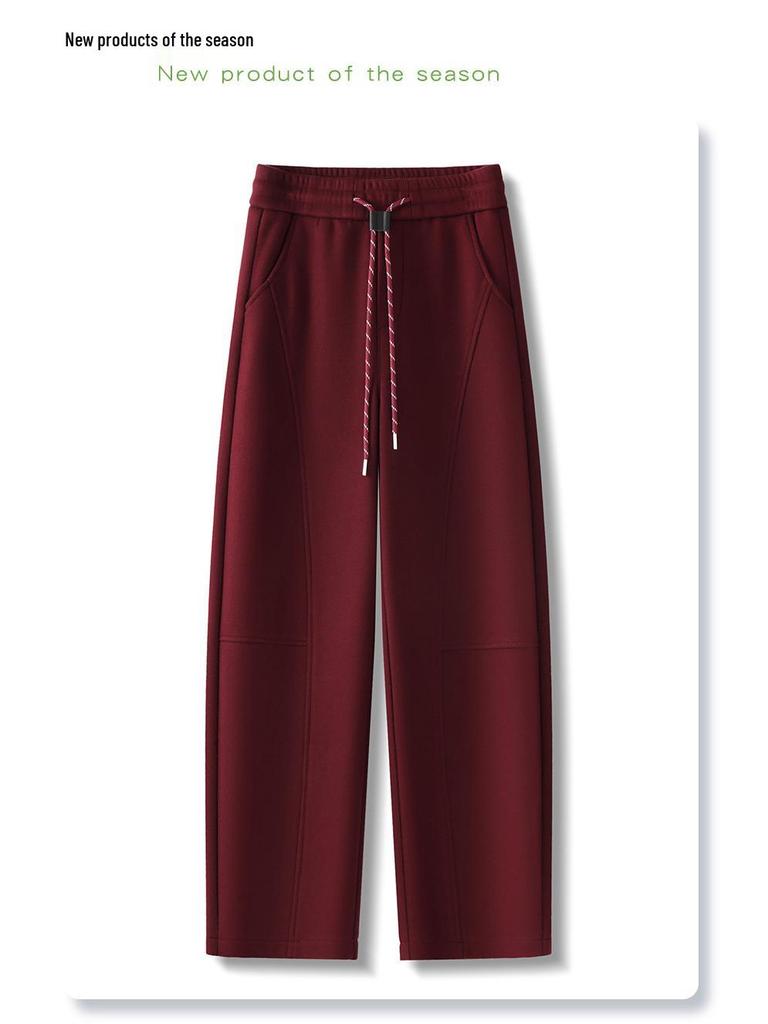 Ankola Women's Red Fleece-Lined Straight-Leg Banana Pants - Autumn/Winter 2024 Casual Style