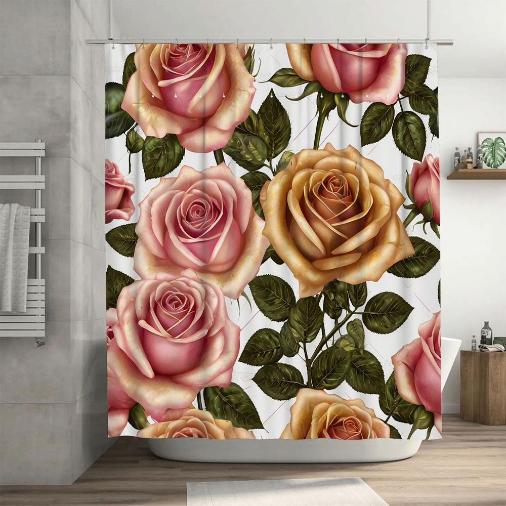 Pink Rose Shower Curtain 3D Printed Waterproof Bathroom Decor Artificial Flowers Plants Home Improvement