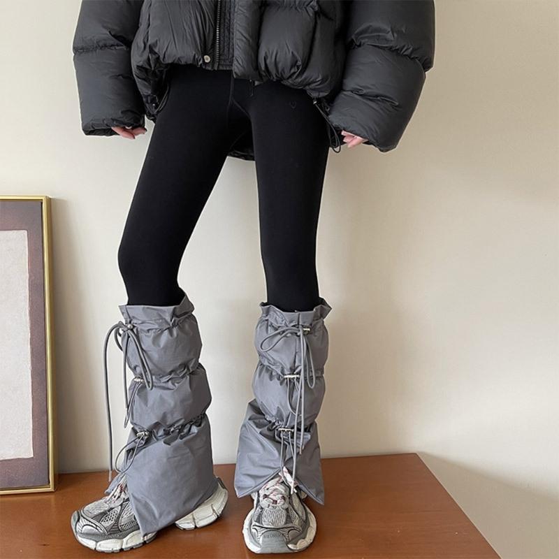 Women Winter Padded Puffer Leg Warmers for Outdoor and Sports Adjustable Drawstring Split Flared Boot Covers Cuffs Socks