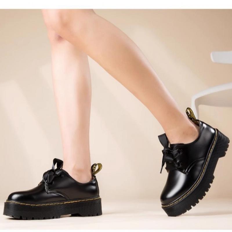 Autumn New Female Mary Jane Two-hole Ribbon Cowhide Muffin Small Leather Shoes British Fashion Versatile Height-increasing Martin Boots