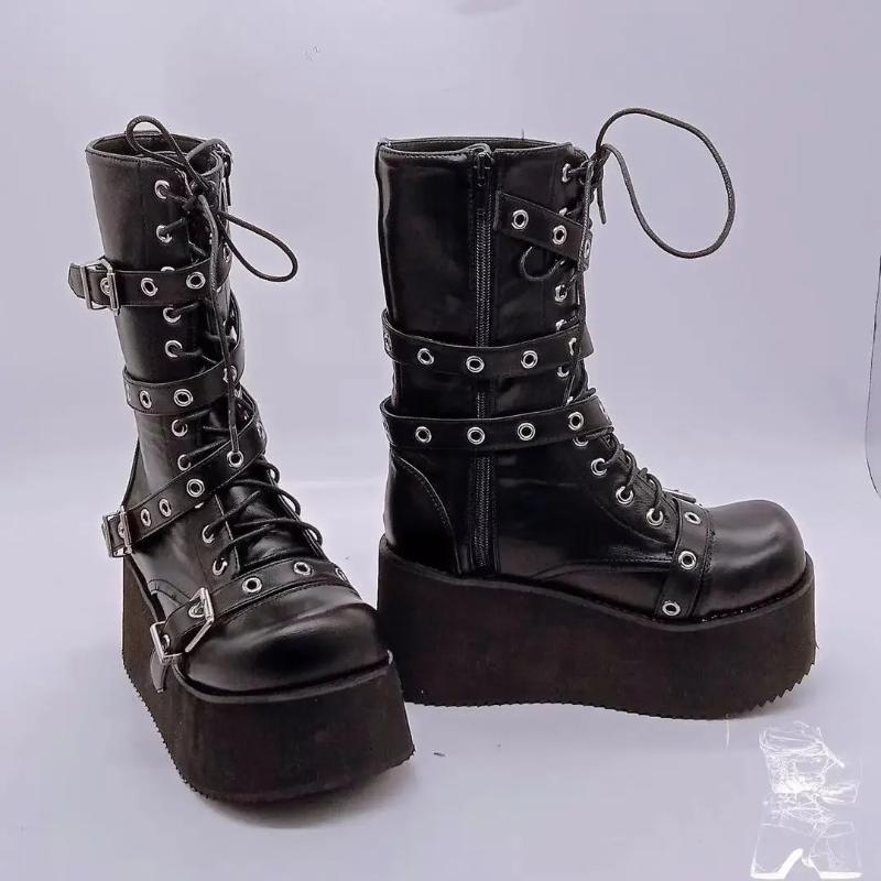 Übergröße 43 Herbst Damenstiefel Schnalle Runde Zehe Keilabsatz Plateau-Stiefel Punk Goth INS Damen Straßenschuhe Kampfstiefel für Damen