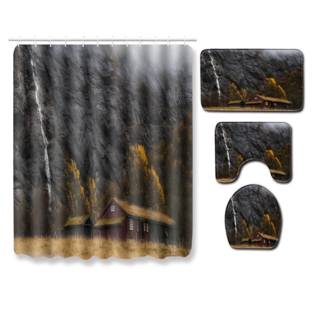 Landscape Shower Curtain Floor Mat Combination Four-Piece Set Bathroom Toilet Carpet Shower Room Mat Foot Mat
