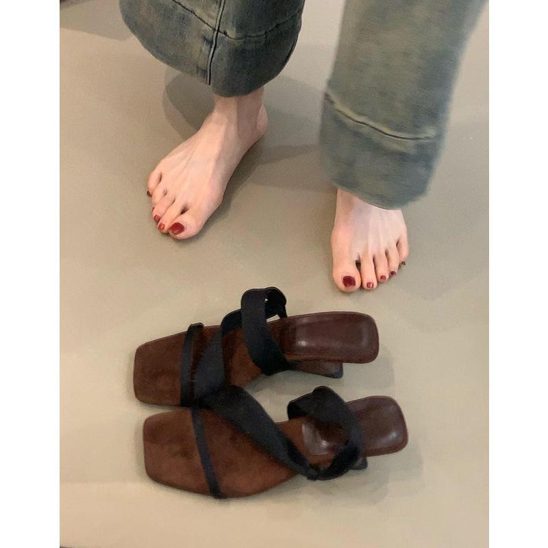 

Sheepskin version of genuine leather two wear French wedge heel retro one-word slippers women s summer wear temperament high heels cool slippers 34