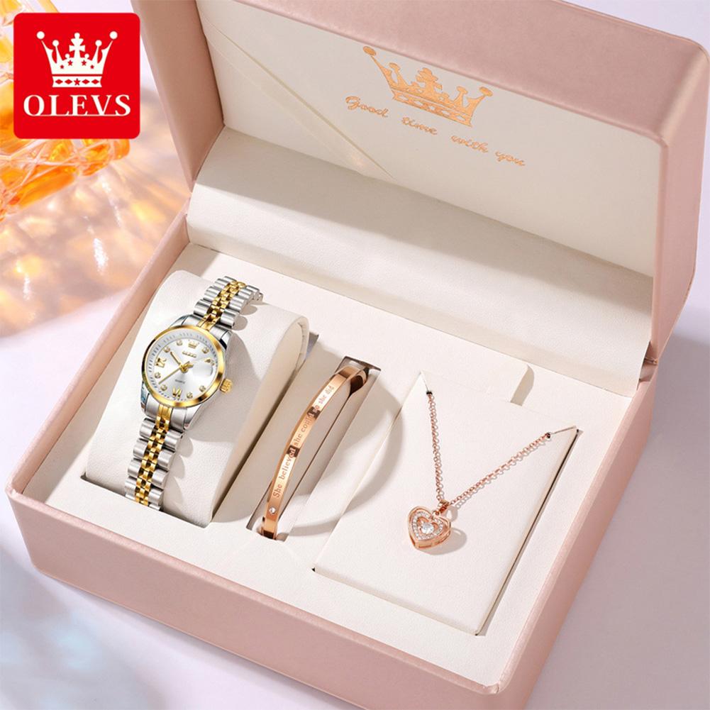 OLEVS Quarzuhren Armband Halsketten Sets für Damen Luxus Top Marke Automatisches Datum Wasserdicht Elegante Damen Kleid Armbanduhr Geschenk