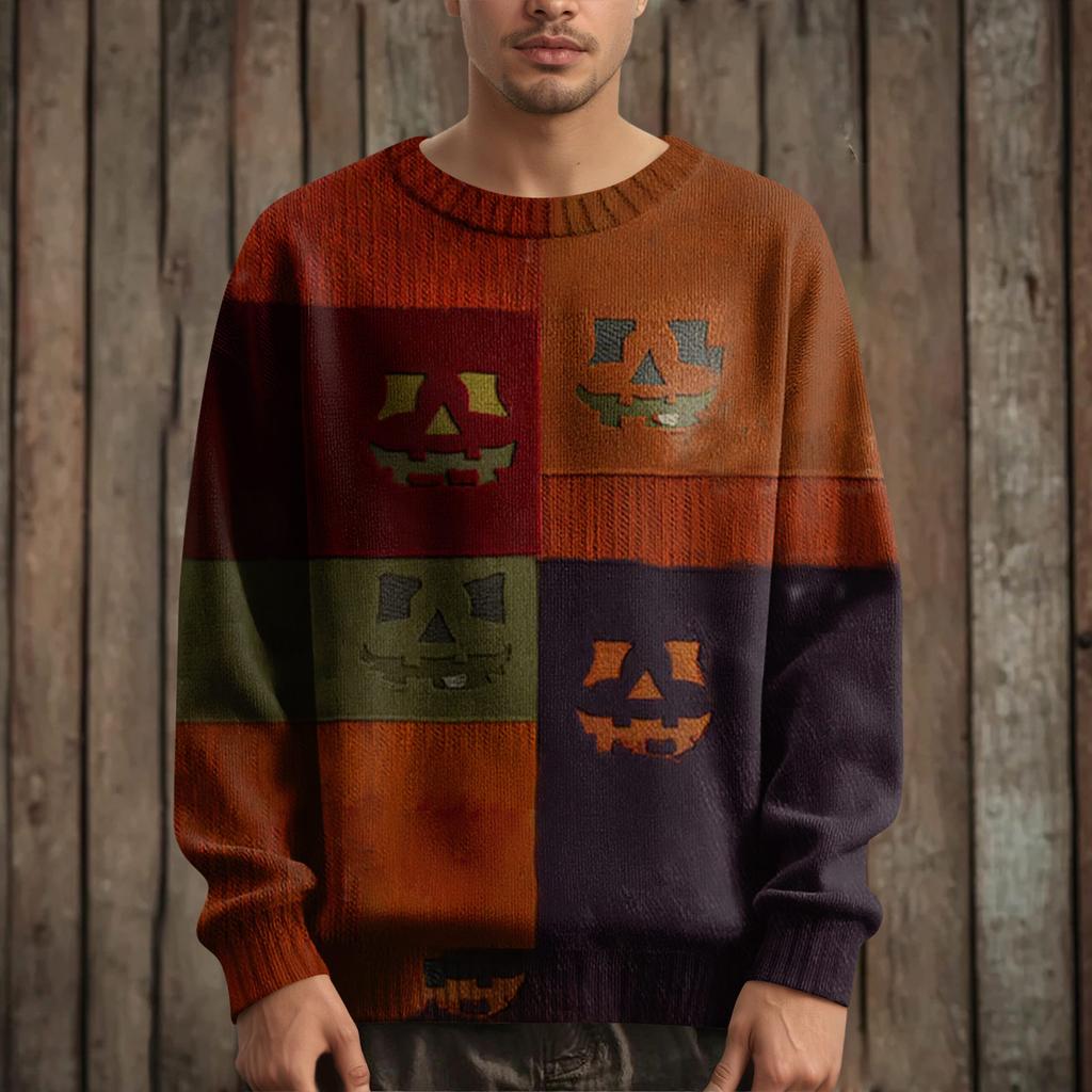Men's Long Sleeve Pullover Sweater Casual Halloween Print Knit Oversized Sweater