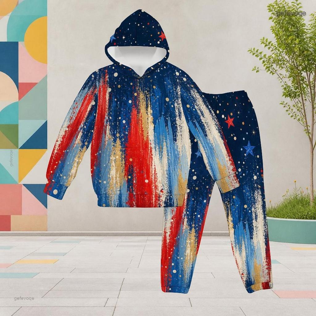 Girls Hooded Long Sleeve Star Printed Two Piece Set Red Blue White Kangaroo Pocket Cuffed Pants