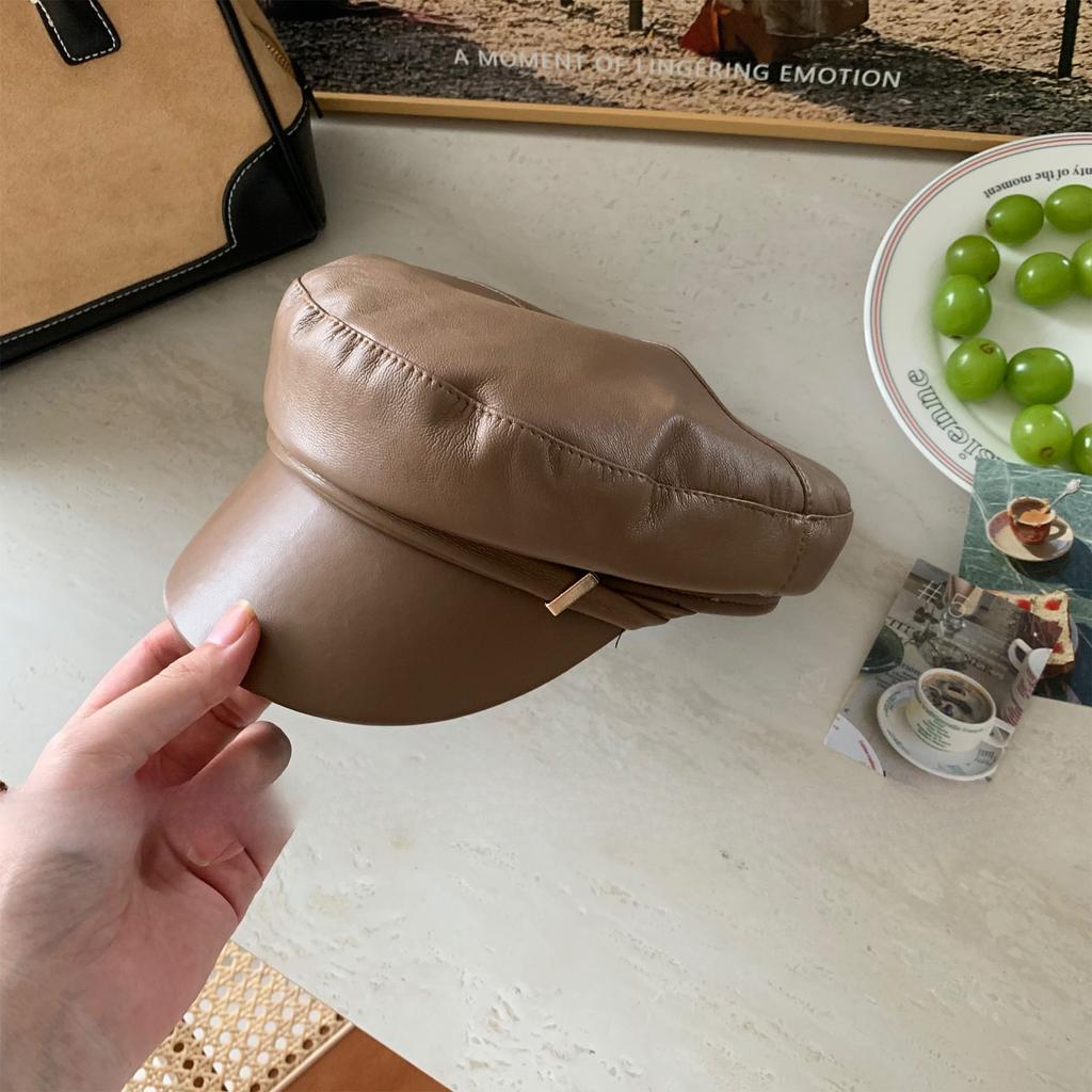 Japanese PU Leather Octagonal Hat Female British Retro Leather Beret Versatile Flat Top Newsboy Hat
