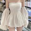 New White Off Shoulder Strapless Lantern Sleeve Pleated Dress for Women High-end Sense for Early Autumn Socialite and Wealthy Lady Fashion Party Dress