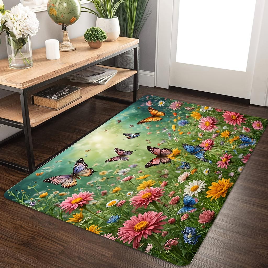 Spring Floral Butterfly Daisy Non-Slip Floor Mat Washable Decorative Area Rug for Entrance Living Room Bedroom Home Decor