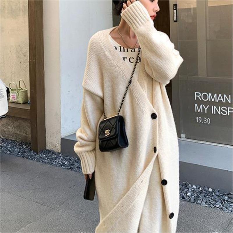 New loose and lazy style medium and long soft waxy skin-friendly sweater for women's autumn and winter gentle knitted cardigan jacket for women
