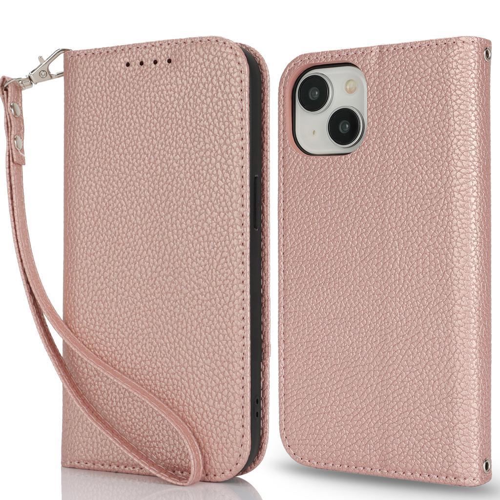 Stand Case for iPhone 15 Litchi Texture Leather Flip Phone Cover with Strap/Wallet