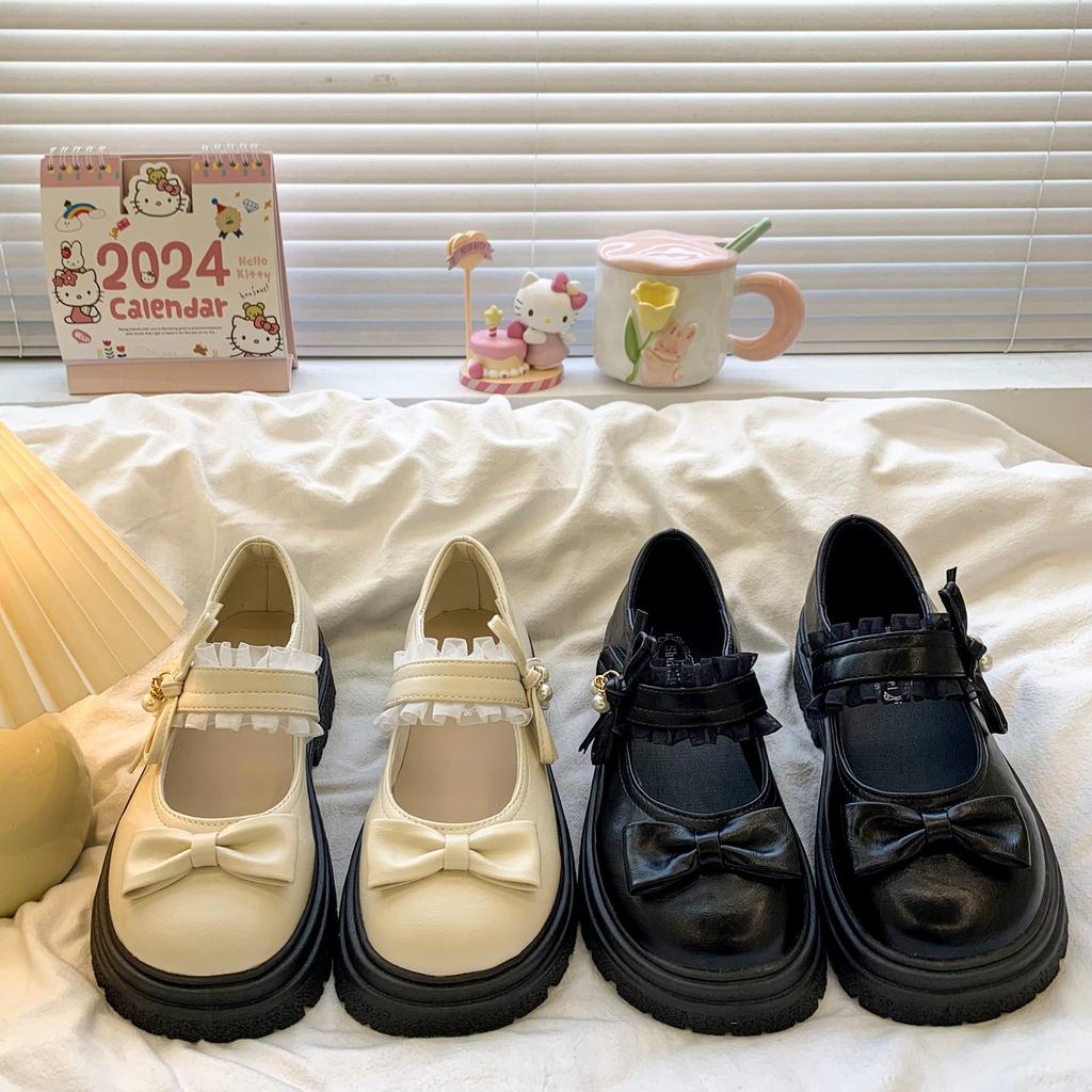 Black Bow Round Head Platform Small Leather Shoes Women's 5 New Spring and Autumn Skirt French Heightening Mary Jane Shoes