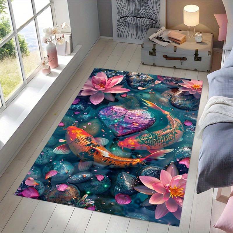3D Floral & Koi Fish Design Area Rug - Polyester Washable Mat for Living Room, Bedroom, Home Office, Entryway - Durable Chair Ca