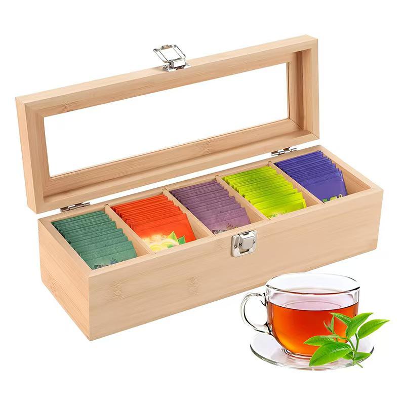 Bamboo Multi-Compartment Tea and Coffee Storage Box with Transparent Glass Lid - Desktop Organizer and Gift Box 30x10x9 cm