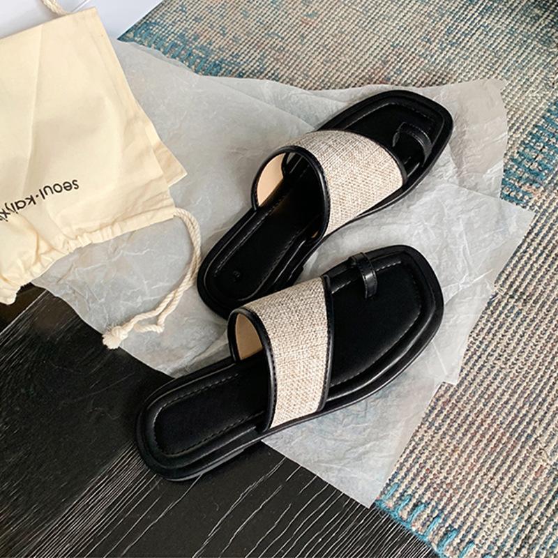 Grape Mother Studiolee Casual Summer Square Head Toe Straw Splicing Flat Bottom Slippers Women 2025 New