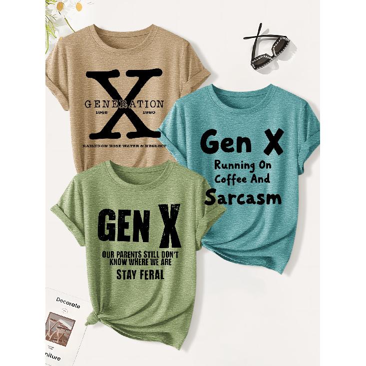 3 Pack of women's summer tops | Gen X Modern American-style slogan print T Shirt | Cute and trendy casual round-neck short-sleeve suit | 2026 Summer