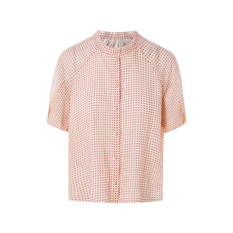 Lanzhi Women s Ramie Polka Dot Short Sleeve Stand Collar Shirt S