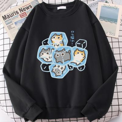 Ice Cat Fun Cartoons Cats Cute Print Sweatshirt Men Women Harajuku Crewneck Hoodie Autumn Prints Sportswear Loose Hoody