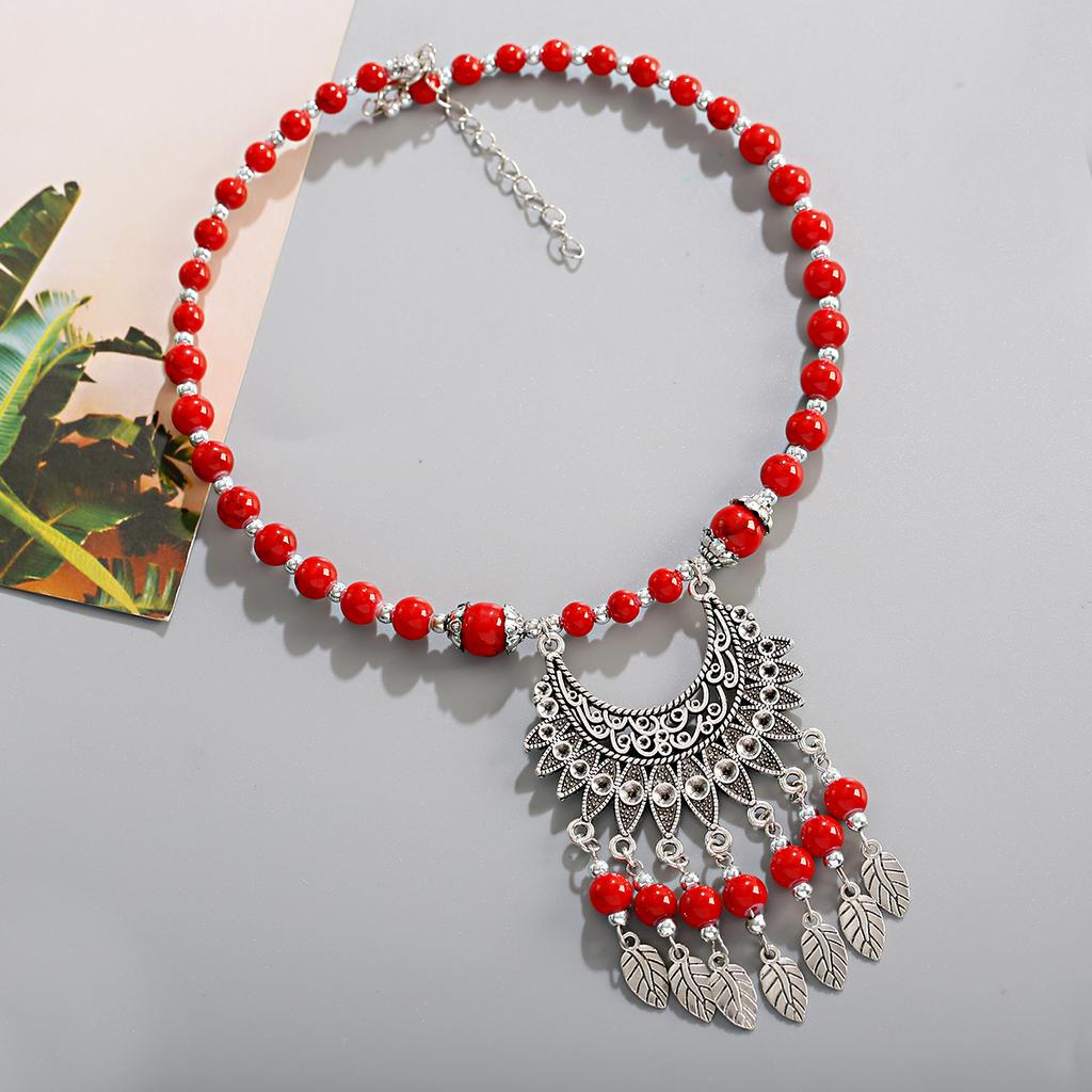 Bohemian Etnický Styl Přírodní Kámen Tyrkysy Náhrdelník Slitinový Přívěsek Kovový Peříček Střapec Náhrdelník Zirkonové Doplňky Ženský