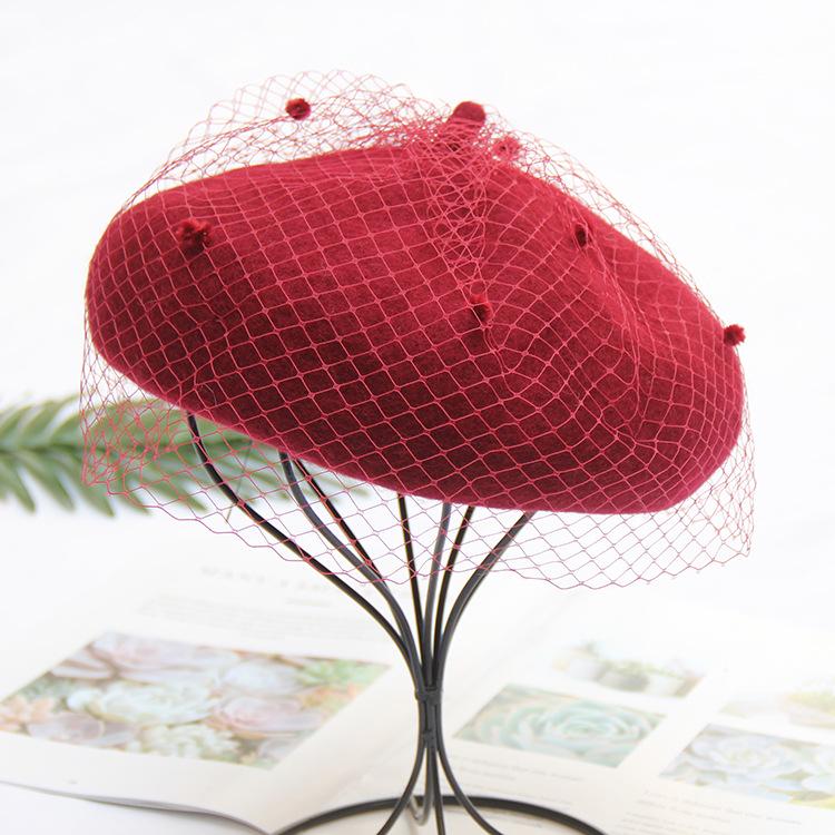 Autumn And Winter Woolen Painter Hat British Retro Lace Mesh Beret Women'S Elegant Fashion Hat