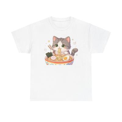 Cute Kitten Eating Ramen Tee | Cat Noodles Graphic Shirt