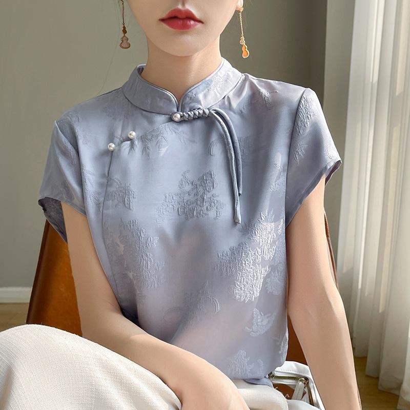 

Летняя женская футболка, шелковая футболка с воротником-стойкой и пуговицами, винтажные атласные топы с короткими рукавами и принтом 2XL синий